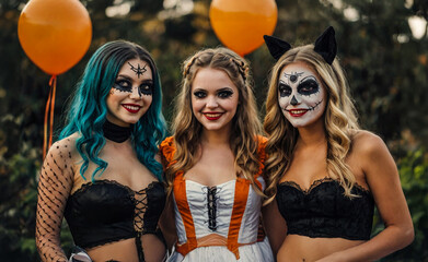 Young attractive ladies dressed and made up in halloween concept prepared for Halloween party