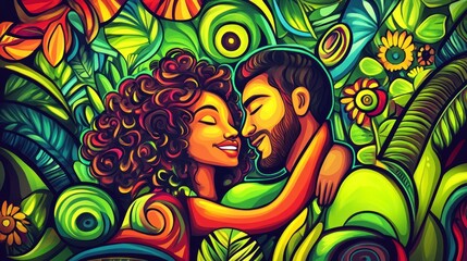 A vibrant illustration of a couple embracing amidst lush, colorful foliage.