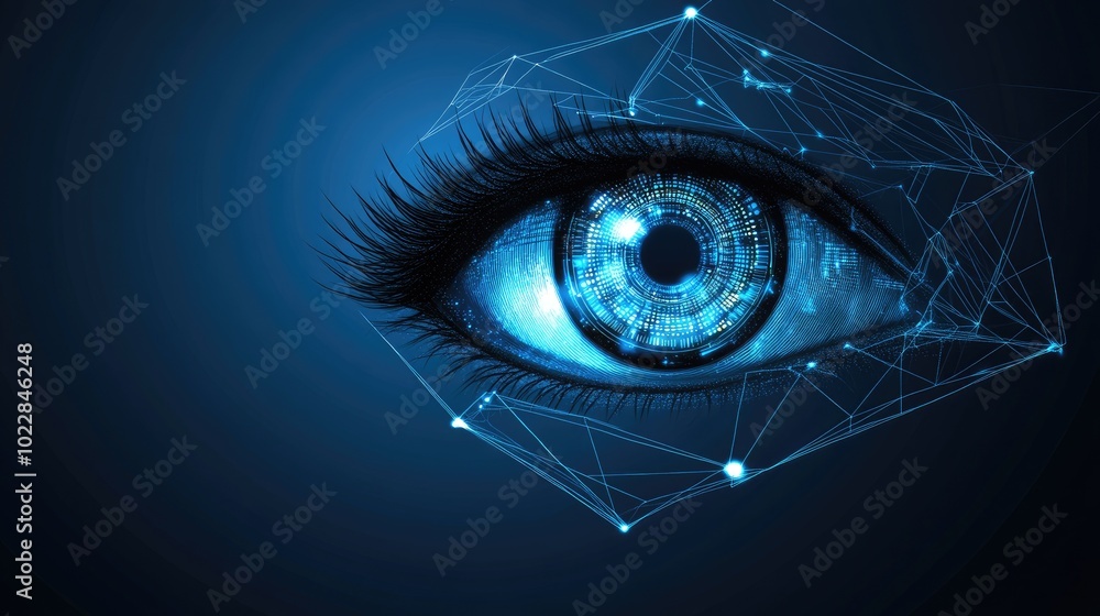 Poster high-tech digital eye observing data streams in a tunnel of abstract technology. futuristic sci-fi e