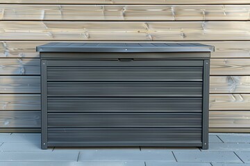 Storage box against wooden wall for outdoor use