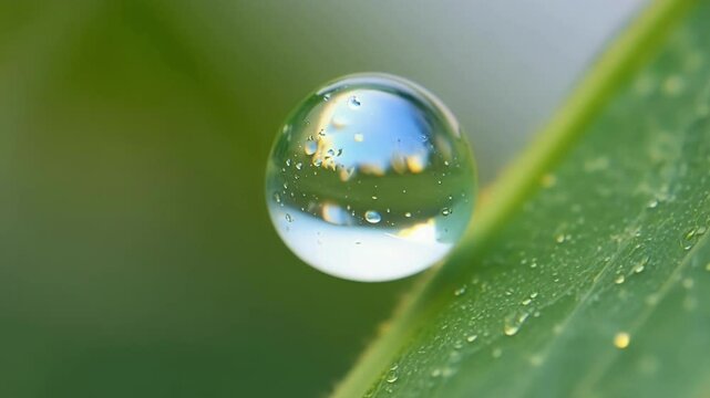 Sparkling water droplet, reflecting the sky and clouds, rests on a vibrant green leaf covered in dew. The image evokes freshness and the beauty of nature