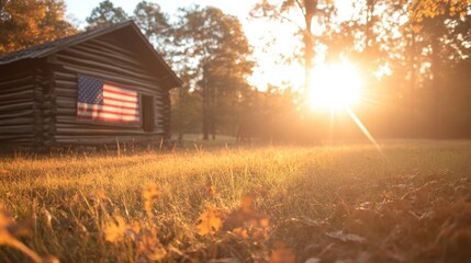 A rustic wooden cabin graces a sunlit glade, adorned with an American flag, emanating tranquility and invoking a sense of peace amid nature's embrace.