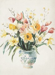 Watercolor Sketch of Daffodils, Tulips, and Primrose in Oval Vase