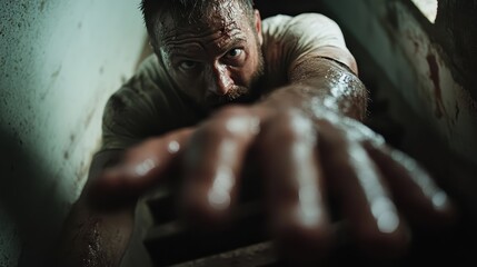 Dramatic scene of a man reaching out with desperation in a dim confined space, highlighting struggle and determination with a focus on his extended hand.