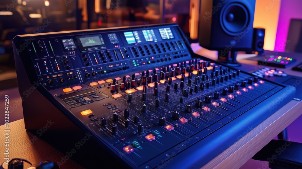 Poster professional audio mixing console with illuminated controls