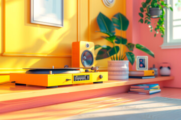 A Cozy Vintage Audio Setup Featuring a Bright Yellow Turntable Surrounded by Green Plants