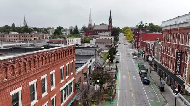 aerial pushing into downtown Rutland Vermont