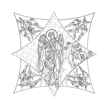 recommend clip art: Guardian angel. Cross dome with 4 apostles, angels and seraphim. Coloring page in Byzantine style