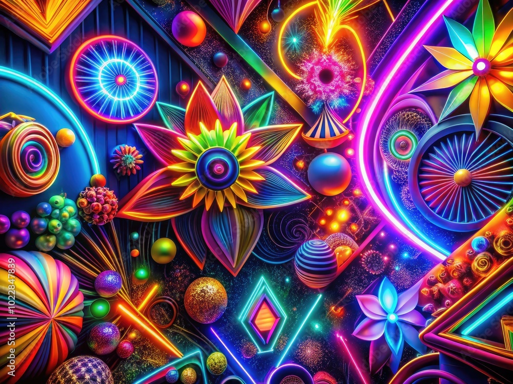 Poster vibrant abstract neon art with dynamic patterns and illuminated colorful shapes on dark background