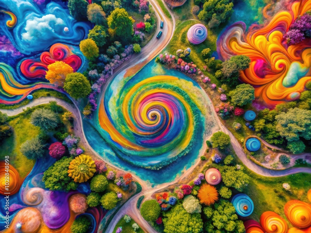 Poster vibrant abstract patterns and psychedelic swirls creating a dreamy, trippy visual experience