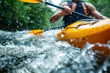 man sailing on kayak on wild river rapids