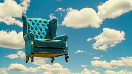 Minimalist luxury armchair in a solid color floating among clouds in a surreal sky, 3D rendered to perfection.