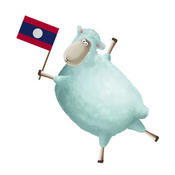recommend clip art: Funny cartoon sheep with flag of Laos. Bright clip art on white background