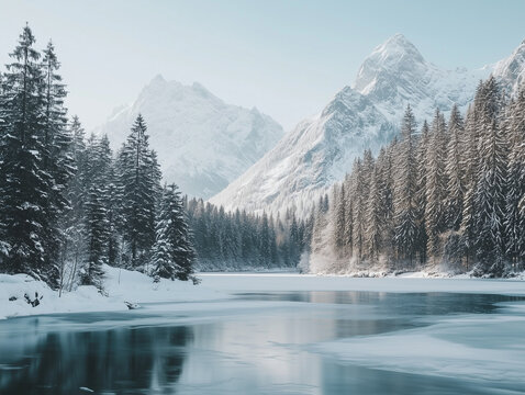 Snowy fir trees stand tall against a backdrop of snow-capped mountains, creating a breathtaking winter landscape