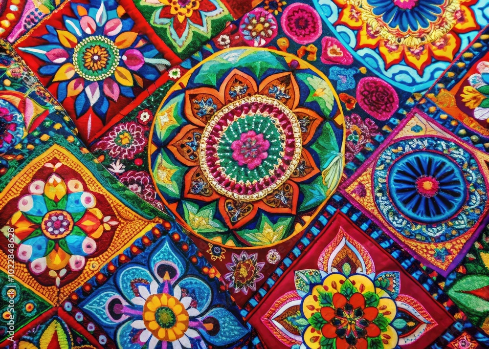 Poster vibrant abstract pattern with eclectic colors and shapes creating a unique artistic textile design