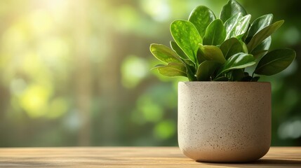 A vibrant green plant in a speckled ceramic pot sits on a wooden surface, basking in the soft glow of natural sunlight streaming through a lush background.