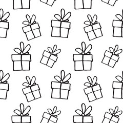 Vector seamless pattern with simple outline gift boxes in doodle style. Hand drawn presents on festive background and texture. For Christmas, birthday, greeting cards, wrapping paper, holidays