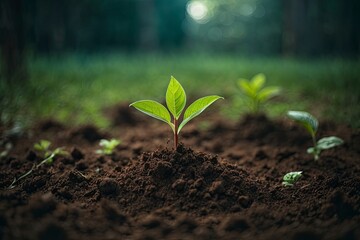 Fototapeta premium Young plant growing from soil in blurred background. Emerging seedling in soft focus earth