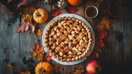 An overhead shot of an apple pie on a table decorated for fall, surrounded by vibrant autumn leaves