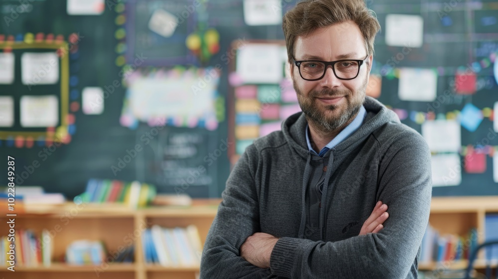 Poster a man with glasses stands in front of a chalkboard with a smile on his face