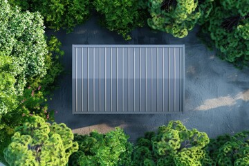 Aerial view of a modern metal shed surrounded by lush greenery in a tranquil forest setting