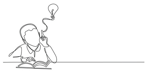 one continuous line drawing of a child learning and finding ideas.one line drawing of a smart child studying.single line vector illustration.isolated white background