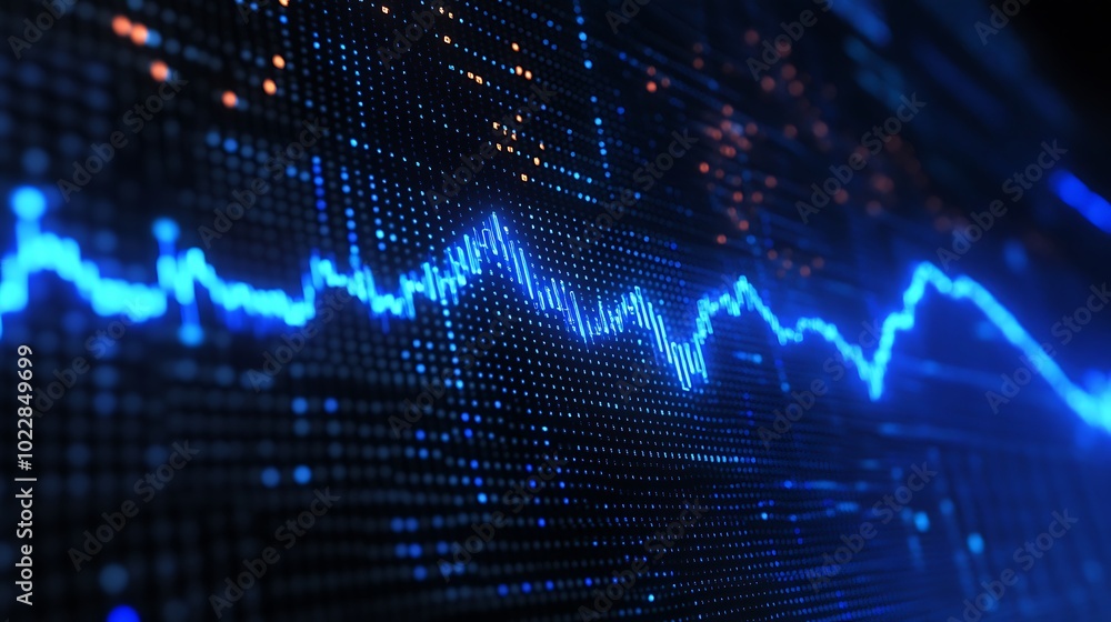 Poster dynamic digital chart representing fluctuations in stock trading over time.