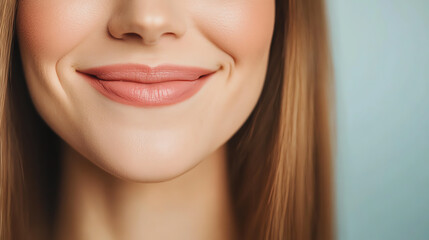 Fototapeta premium Close-up of a woman's smiling face, showcasing her healthy skin and natural beauty against a soft blurred background.