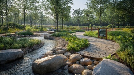 Scenic park pathway with a stream and lush greenery.