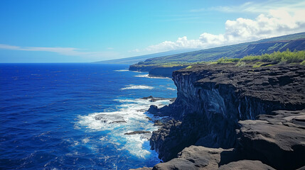 Obraz premium Dramatic waves crash against rugged cliffs on a sun-drenched Hawaiian coastline, creating a breathtaking seascape