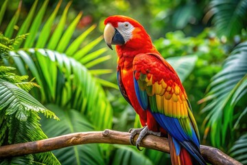 Fototapeta premium Vibrant African Red Tail Parrot Perched on a Branch in Exotic Tropical Setting with Green Foliage