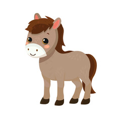 Horse cute childish cartoon illustration. Vector clip art horse isolated on white background Flat design element	