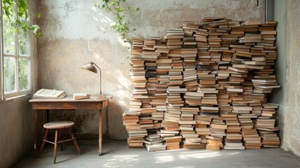 A vintage wooden desk is set against a textured wall, surrounded by towering stacks of books, creating an atmosphere of timeless intellectual pursuit and curiosity.