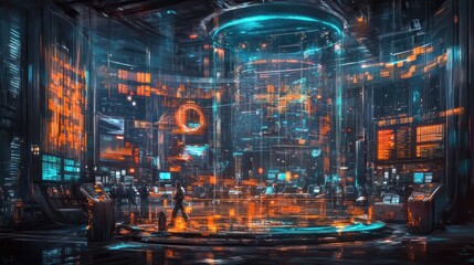 A futuristic data center with glowing interfaces and holographic displays.