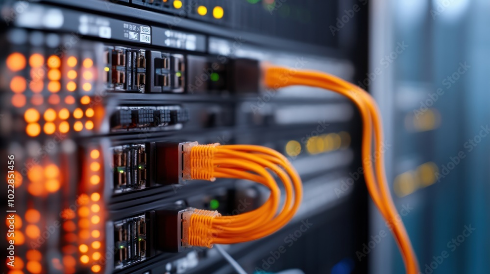 Poster close-up of orange network cables connected to server hardware in a data center.