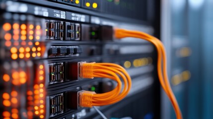 Naklejka premium Close-up of orange network cables connected to server hardware in a data center.