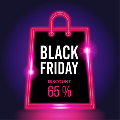 Black Friday neon banner sale. Black Friday neon background with 65 percent discount. Modern neon gift bag design. Vector illustration or shopping advertisement, retail sales and advertising campaign