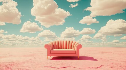 One-color luxury armchair floating against a bright sky full of white clouds. A 3D rendering blending comfort and dreaminess.