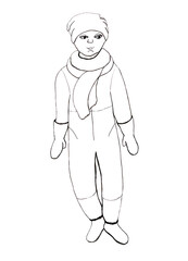 Season winter illustration. Silhouette of sport-looking teenager in soft knitted hat and ski suit. Linear handmade portrait of sportsman. Funny cartoon sketch of man. People in life. Flat human image.