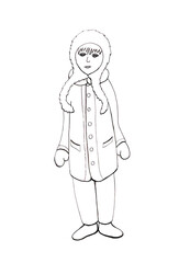 Season winter illustration. Teenage girl in a straight coat and a fluffy hat with long ties. Linear handmade portrait in retro style. Funny cartoon female sketch. People in life. Flat human image.
