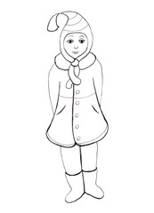 Season winter illustration. Teenage girl in a flared coat and a Pinocchio hat with a long tassel. Linear handmade portrait in retro style. Funny cartoon female sketch. People in life. Flat human image