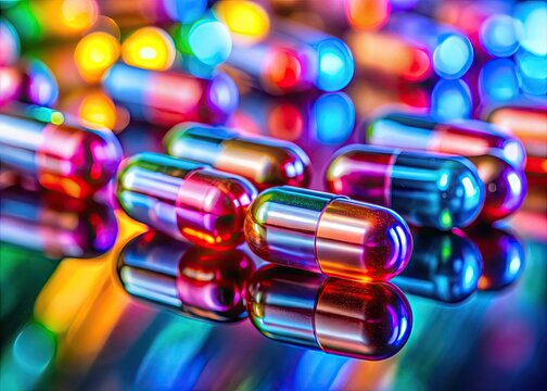 Vibrant Amoxy Capsules on a Reflective Surface with Soft Lighting and Colorful Backgrounds
