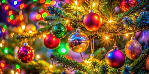 Vibrant and Artistic Christmas Tree Decoration with Colorful Ornaments and Festive Lights Displayed
