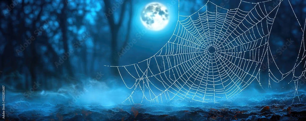 Poster a mystical spider web glistens with dew against a moonlit backdrop, creating an enchanting and eerie