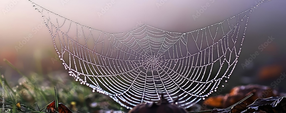 Poster a close-up of a dewy spider web glistening in soft morning light, showcasing intricate patterns and 