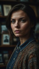 "Woman posing in casual patterned sweater with neutral expression, bookshelves in background"