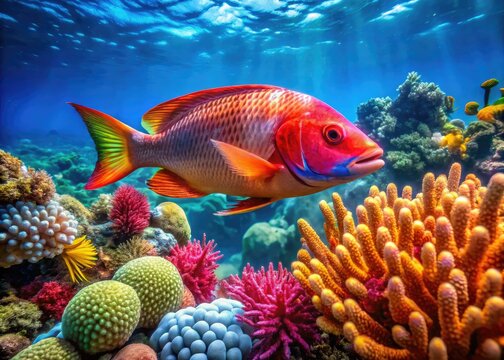 Vibrant and Colorful Baiacu Fish Swimming in Clear Ocean Waters Surrounded by Coral Reef Life