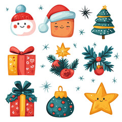 Festive Christmas icons including snowman, tree, gifts, and decorations