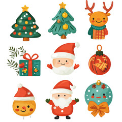 Festive Christmas icons including tree, gifts, and Santa Claus