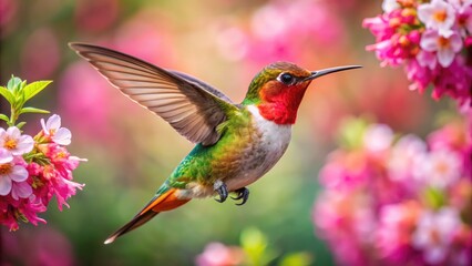 Fototapeta premium Vibrant and Colorful Hummingbird in Flight Surrounded by Blossoms in a Lush Garden Setting